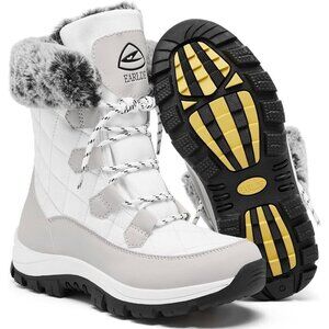 Women’s White Wheat Strip Waterproof Snow Boots Mid-Calf Faux Fur Lined Non-Slip
